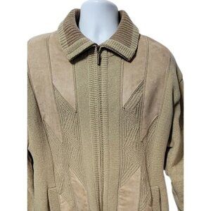 Vintage Suede Look Trim Sweater Adult XL Knit Cardigan Full Zip